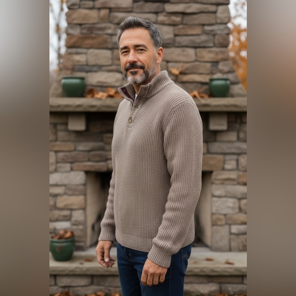 Woolrich Men's Beige Pullover 1/4 Button Sweater 100% Wool